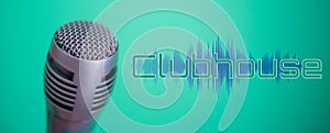 Clubhouse podcast green banner with studio microphone and light wave. Professional broadcast microphone recording sound with wavef