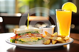 a clubhouse sandwich by a glass of orange juice, morning theme