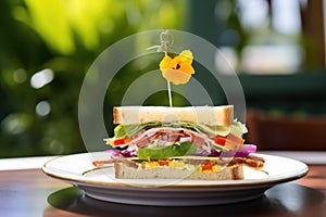 a clubhouse sandwich with a missing bite placed near a flowering plant