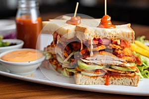 a clubhouse sandwich with plentiful sauces oozing out