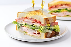 clubhouse sandwich in white background with a touch of green lettuce