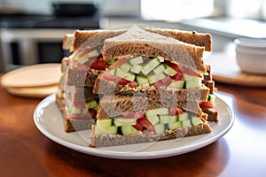 clubhouse-style sandwich on rye bread, cut in triangles