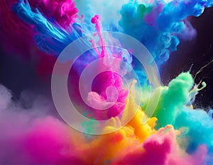 Clubs of multicolored neon smoke, ink. An explosion, a burst of holi paint. Abstract psyched