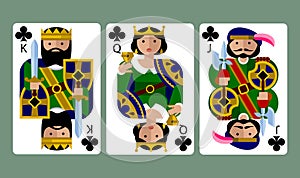Clubs suit playing cards of King, Queen and Jack in funny modern flat style