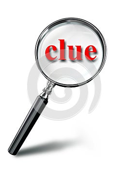 Clue red word mystery concept with magnifying glass