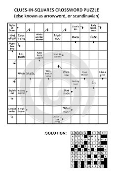 Clues-in-squares crossword puzzle, or arrow word puzzle, else arrowword, scandinavian, or scanword