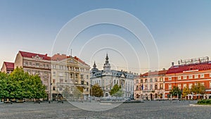 Cluj-Napoca city center. View from the Unirii Square to the Josika Palace, Rhedey Palace and New York Hotel at sunrise on a