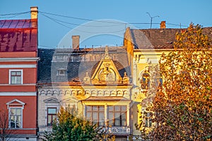 Cluj-Napoca city center. View from the Unirii Square to the Wass Palace at sunrise on a beautiful, clear sky day