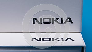 Cluj, Romania - May 13, 2019: Nokia logo on a smartphone box made by Nokia Corporation, a telecommunications, information