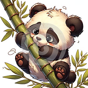 A clumaily and chubby panda cub, climbs a bamboo stalk in a cute face, its ears flopping with every frustated bounce, cartoon