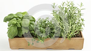 A clump of fragrant herbs including basil rosemary and thyme growing in a small planter box. The delicate leaves seem to