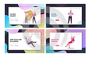 Clumsiness Landing Page Template Set. Awkward or Clumsy Male, Female Characters Falling on Floor, Slap Clothes with Food