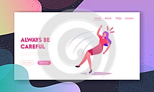 Clumsiness, Slip and Stumble Landing Page Template. Female Character Slipping and Fall on Wet Floor. Woman Falling