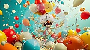 A clumsy cartoon character accidentally releases their g balloon bouquet causing chaos as the balloons soar away and get