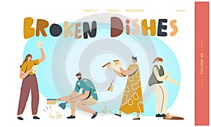 Clumsy Characters Break Dishes Landing Page Template. Men or Women Breaking Plates Smithereens with Small Pieces Scatter photo