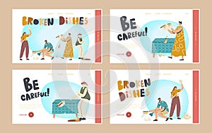 Clumsy Characters Break Dishes Landing Page Template Set. Men and Women Breaking Plates Smithereens with Small Pieces