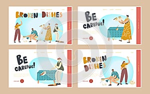 Clumsy Characters Break Dishes Landing Page Template Set. Men and Women Breaking Plates Smithereens with Small Pieces photo