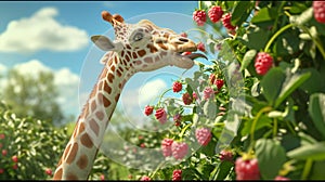A clumsy giraffe reaching for a juicy raspberry on Raspberry Ridge only to end up with its long neck tangled in a t bush