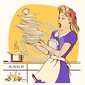 Clumsy housewife and overlooked roast chicken in an oven.Vector