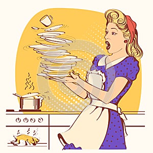 Clumsy housewife and overlooked roast chicken in an oven.Vector photo
