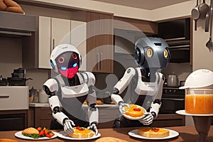 clumsy robot attempting to serve breakfast but causing a hilarious mess i AI Generated