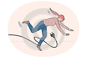 Clumsy woman fall stumble with power cable