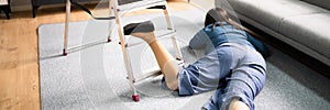 Clumsy Women Falling Ladder Incident. Injured Person photo