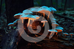 cluster of bioluminescent fungi on tree stump