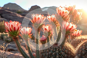 a cluster of blooming cactus flowers at sunrise