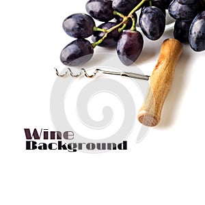 Cluster of blue grapes with corkscrew isolated on white background.