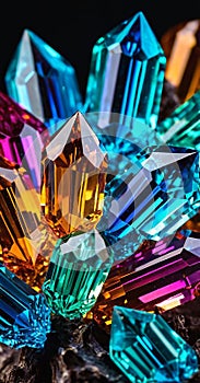 Cluster of bright colorful fantasy crystals, abstract multi-color background