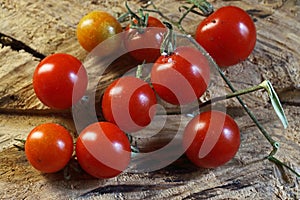 A CLUSTER OF BRIGHT RED COCKTAIL TOMATOES