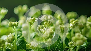 Cluster of budding white flowers against a dark background., Generated AI