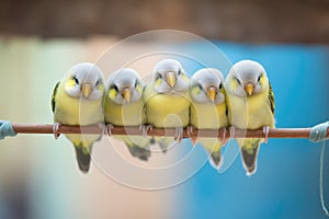 cluster of budgerigars on a swinging perch