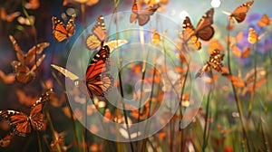 Cluster of Butterflies Resting on Grass