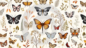 Cluster of butterflies on white background. Generative AI