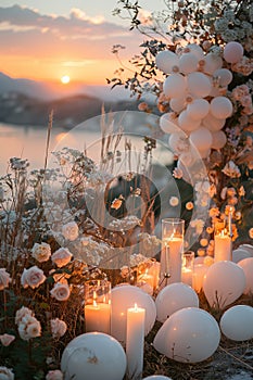 A cluster of candles placed in the green grass, creating a warm and inviting ambiance