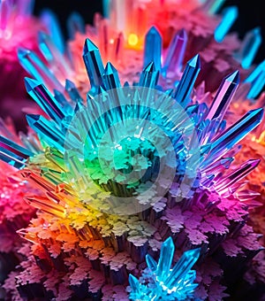 Cluster of colorful fantasy glowing crystals, close-up abstract bright multicolor background