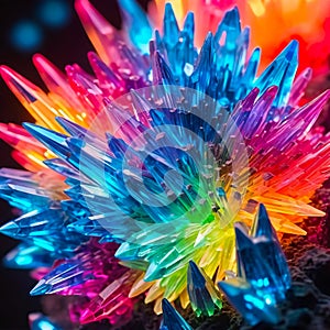 Cluster of colorful fantasy glowing crystals, close-up abstract bright multicolor background