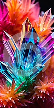 Cluster of colorful fantasy unusually shaped crystals, close-up abstract bright background