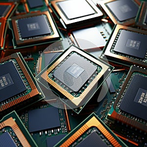 Cluster of CPUs, central processor units, isolated on neutral background