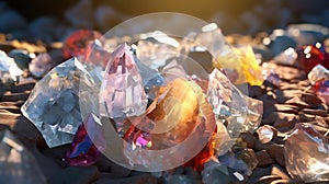 a cluster of crystals sitting on top of a pile of rocks. Generative Ai