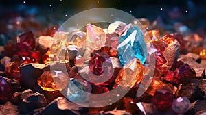 a cluster of crystals sitting on top of a pile of rocks. Generative Ai