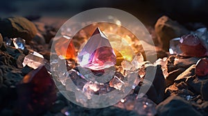 a cluster of crystals sitting on top of a pile of rocks. Generative Ai