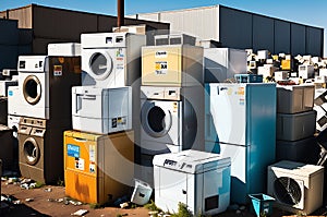 Cluster of Discarded Refrigerators, Washing Machines, and Assorted Electronic Waste Piled Haphazardly