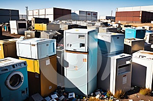 Cluster of Discarded Refrigerators, Washing Machines, and Assorted Electronic Waste Piled Haphazardly