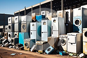 Cluster of Discarded Refrigerators, Washing Machines, and Assorted Electronic Waste Piled Haphazardly