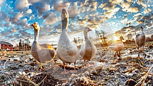 A cluster of ducks standing on a dirt field