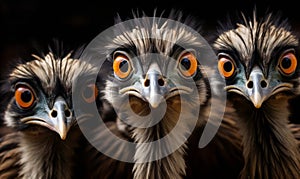 Cluster of Emu Heads with Expressive Eyes and Dark Feathers Curious Gaze of Flightless Birds Group Portrait