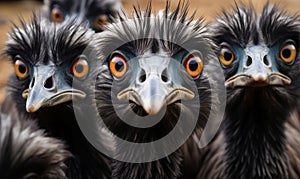 Cluster of Emu Heads with Expressive Eyes and Dark Feathers Curious Gaze of Flightless Birds Group Portrait